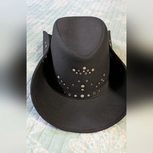 Black Jeans Studded, Light Weight, Women's Cowboy Hat With Side Snap Buttons. - Picture 2 of 12